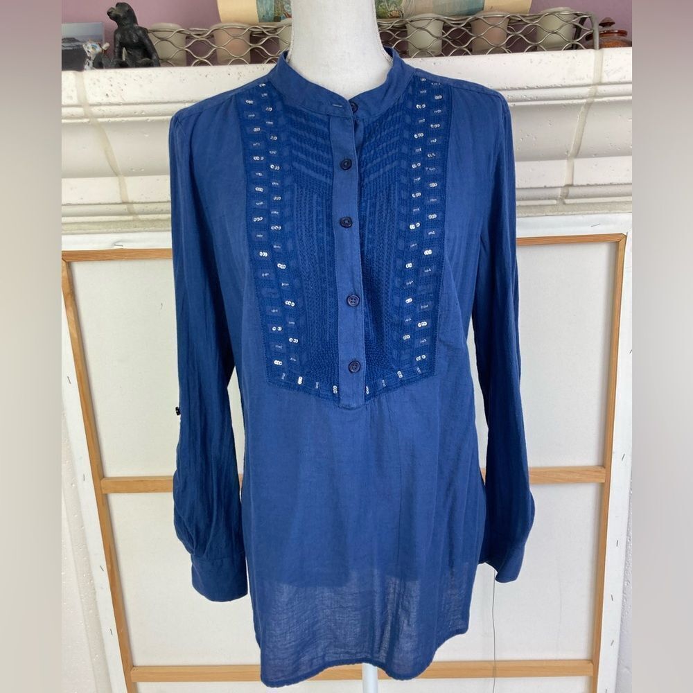Style & Co. boho blinged tunic w/round collar & convertible sleeves, back button